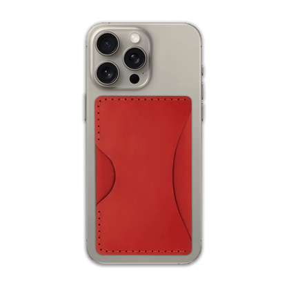 Red leather Stick-On Wallet on iPhone.