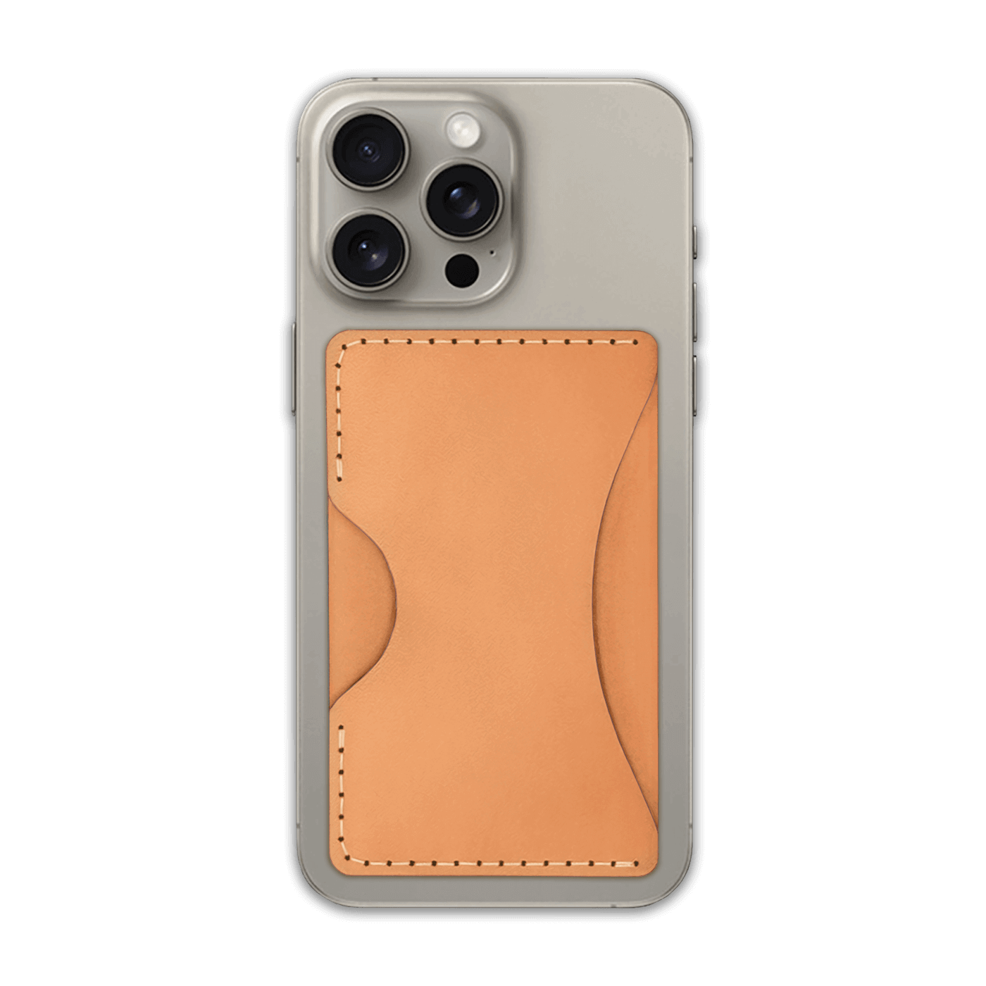 Tan leather Stick-On Wallet on iPhone.