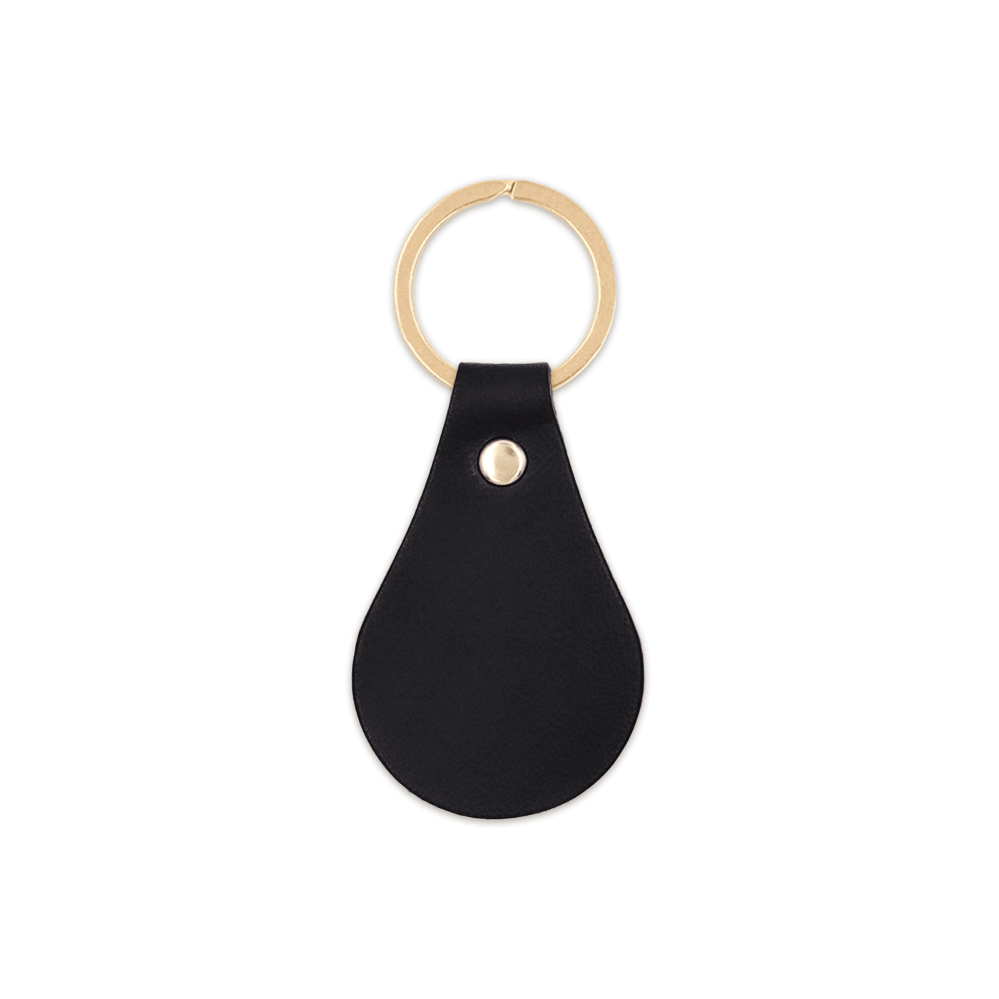 Black leather teardrop-shaped keychain with brass hardware.