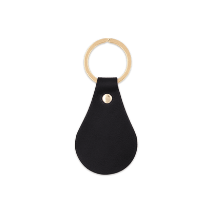 Black leather teardrop-shaped keychain with brass hardware.