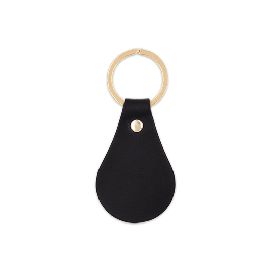 Black leather teardrop-shaped keychain with brass hardware.