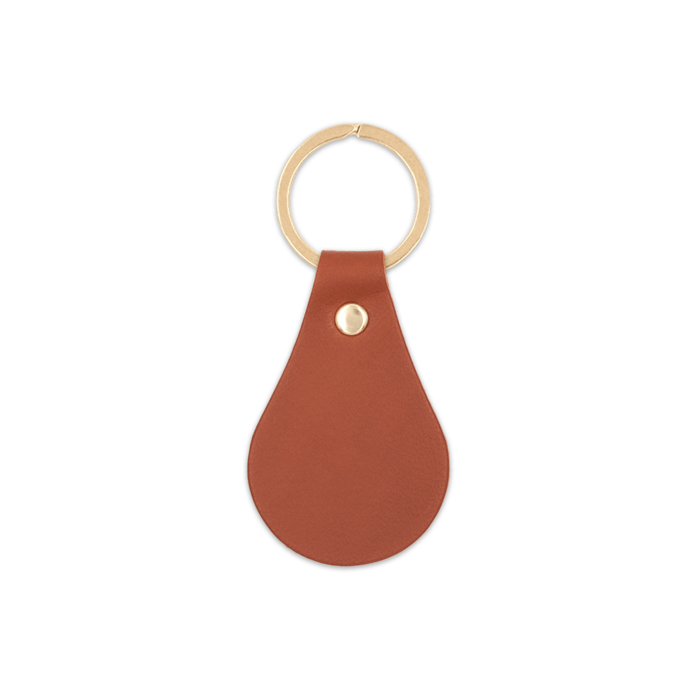 Brown leather teardrop-shaped keychain with brass hardware.