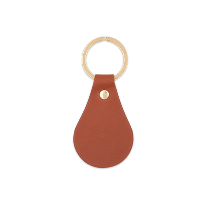 Brown leather teardrop-shaped keychain with brass hardware.