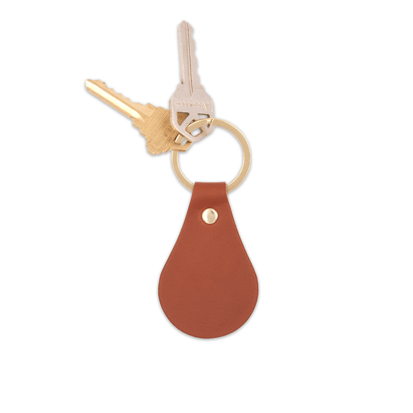 Brown leather  teardrop-shaped keychain with brass hardware and keys.