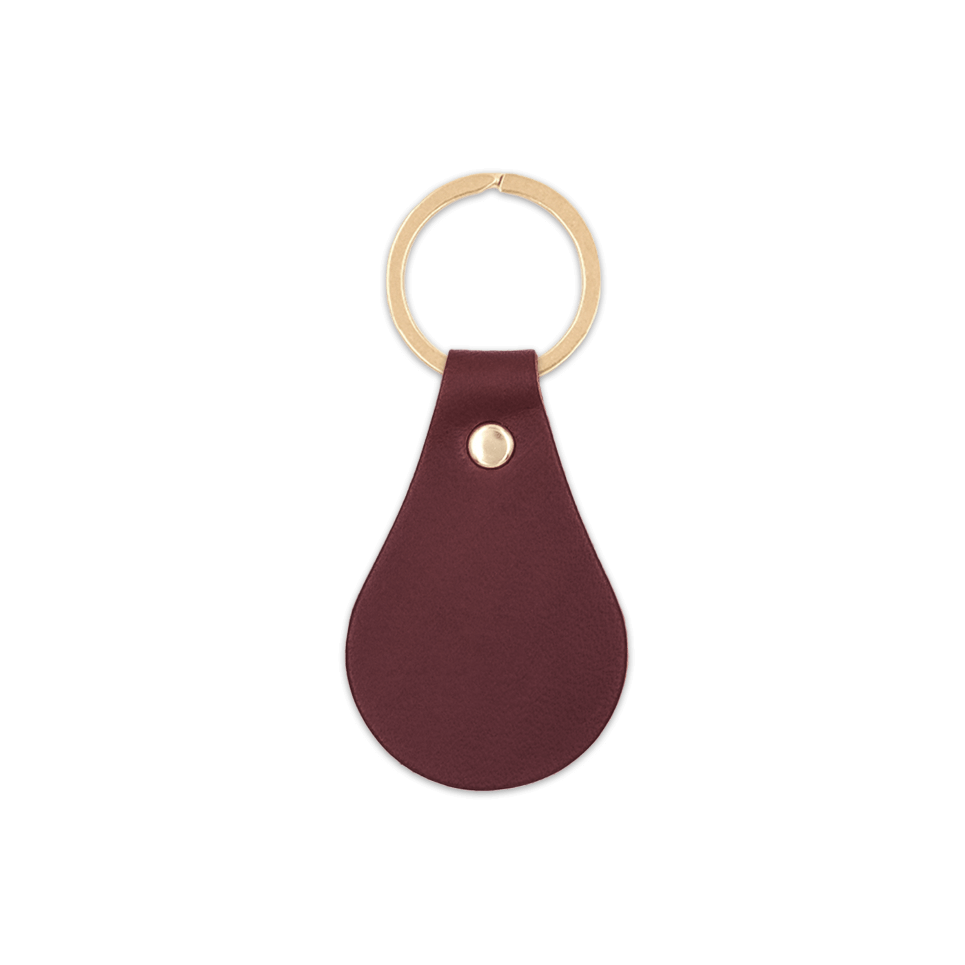 Burgundy leather teardrop-shaped keychain with brass hardware.