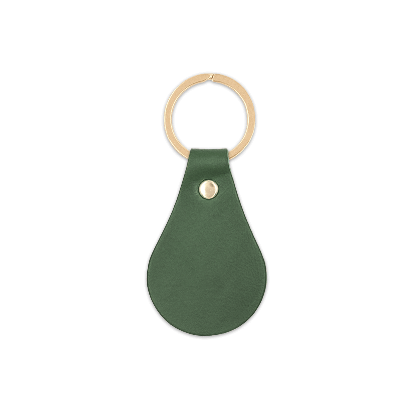 Green leather teardrop-shaped keychain with brass hardware.