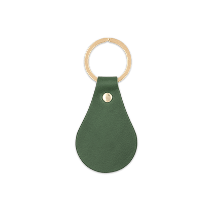 Green leather teardrop-shaped keychain with brass hardware.