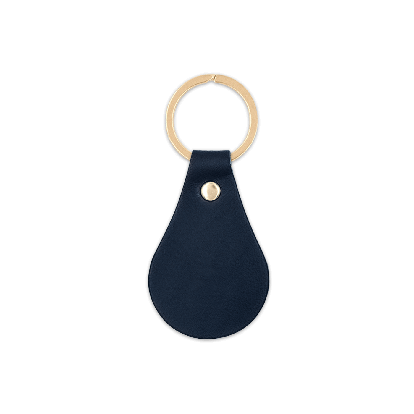 Navy leather teardrop-shaped keychain with brass hardware.