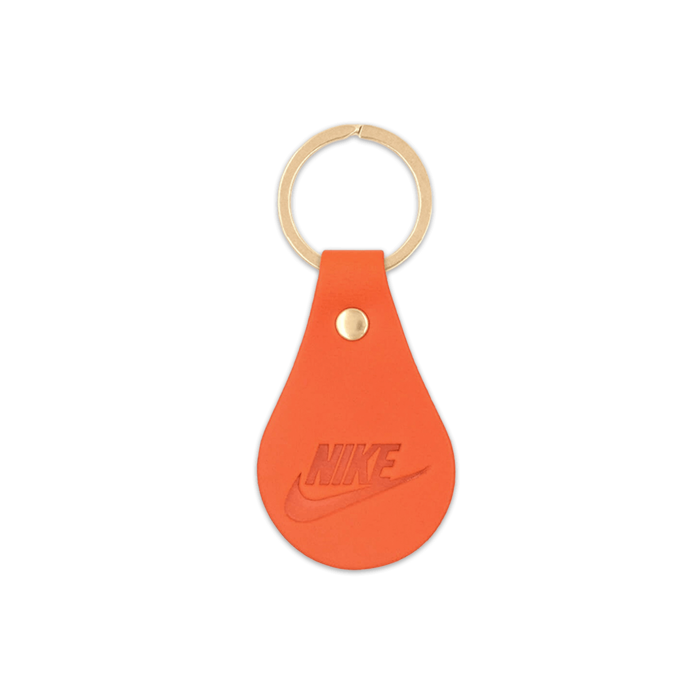 Orange leather teardrop-shaped keychain with brass hardware.