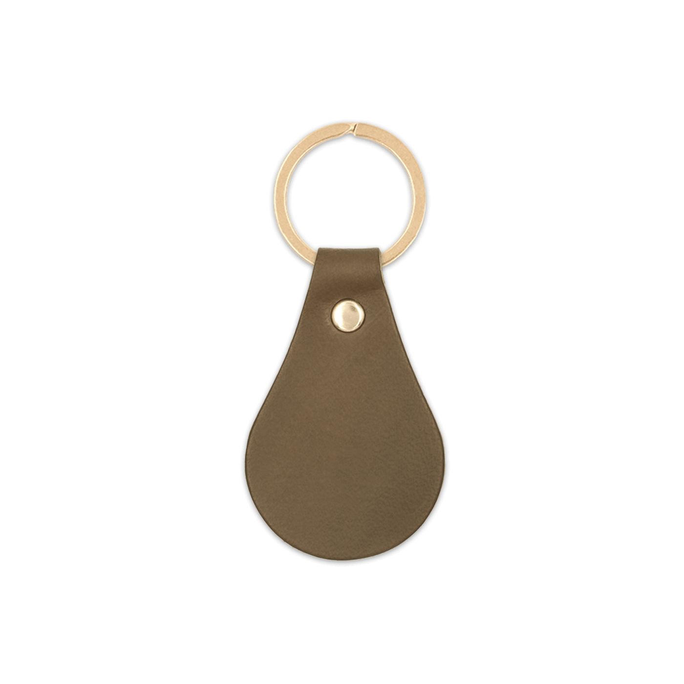 Olive leather teardrop-shaped keychain with brass hardware.