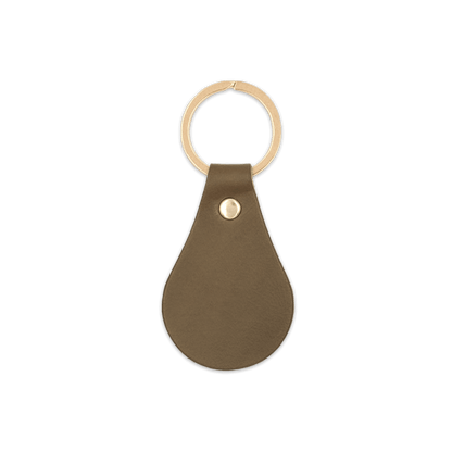 Olive leather teardrop-shaped keychain with brass hardware.