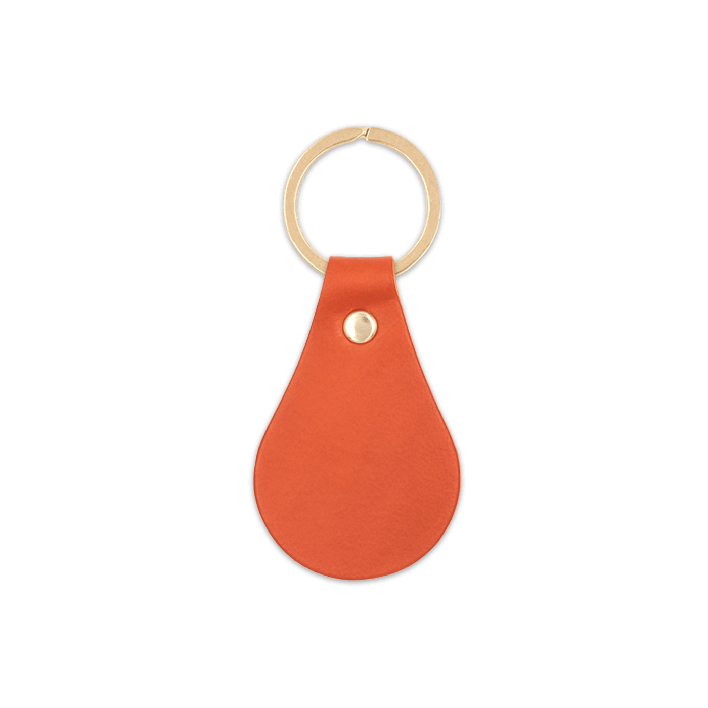 Orange leather teardrop-shaped keychain with brass hardware.