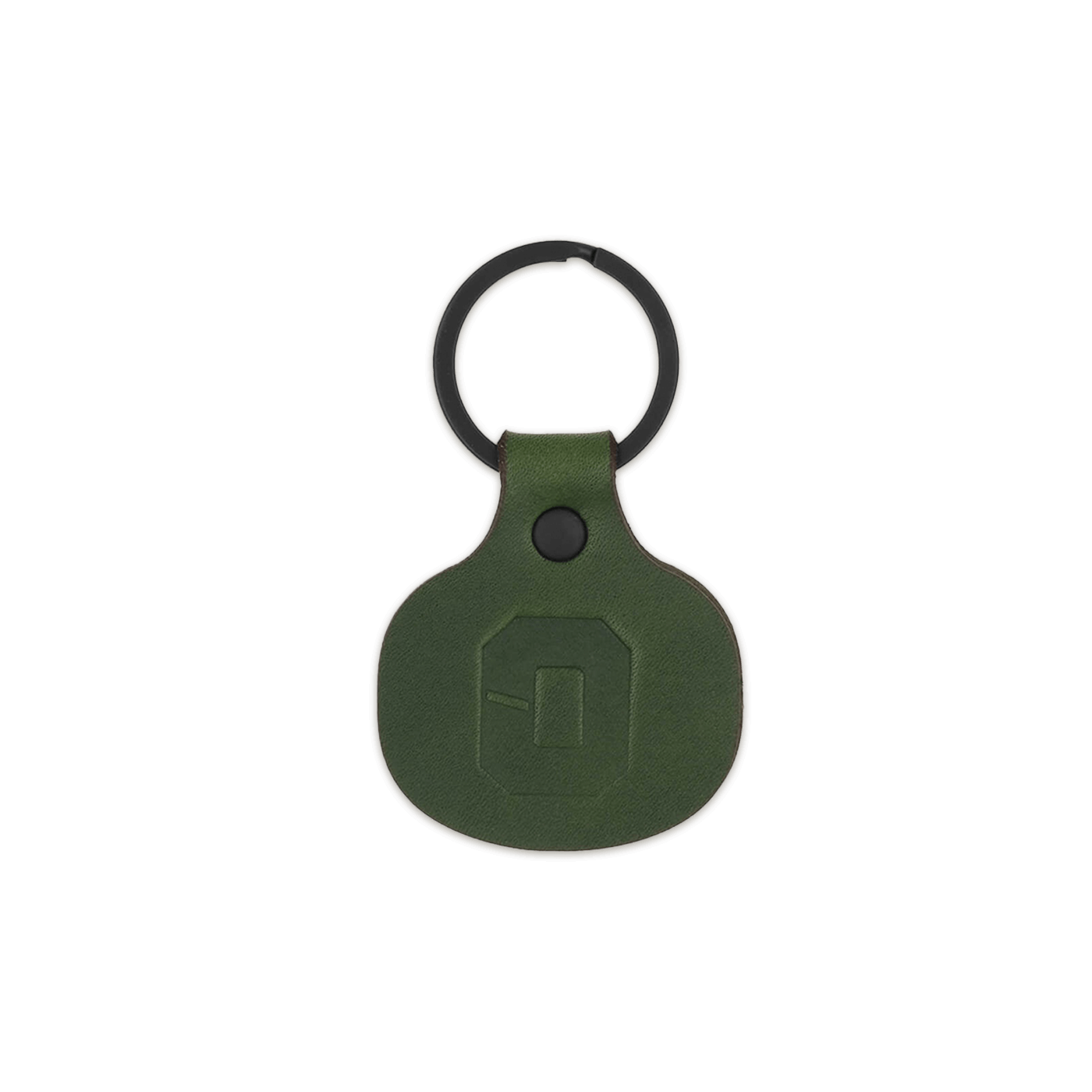 Green leather round keychain with black hardware and O logo.