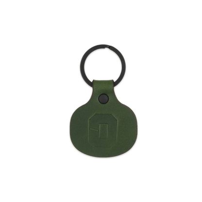 Green leather round keychain with black hardware and O logo.