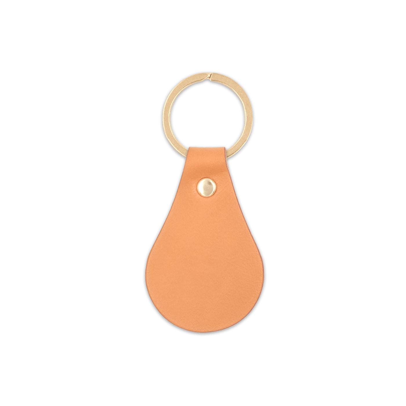 Tan leather teardrop-shaped keychain with brass hardware.