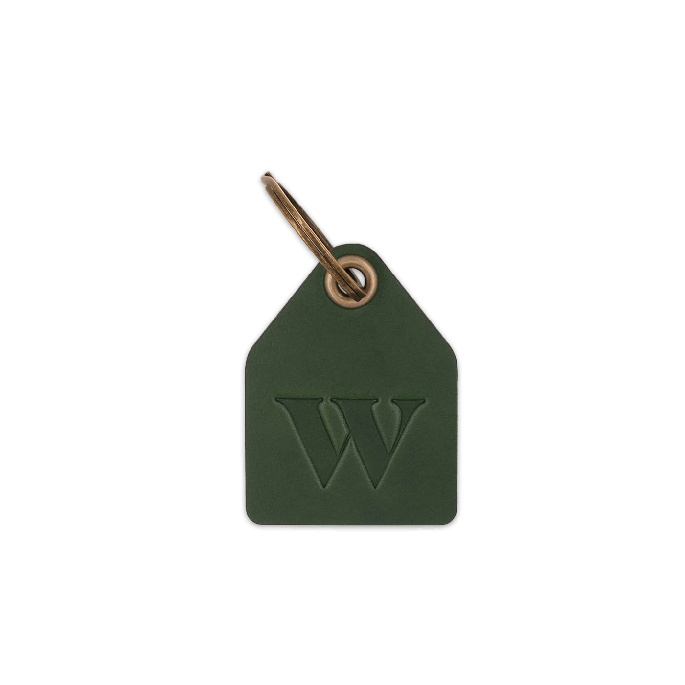 Green leather pentagon-shaped keychain with bronze hardware and Wealth Simple logo.