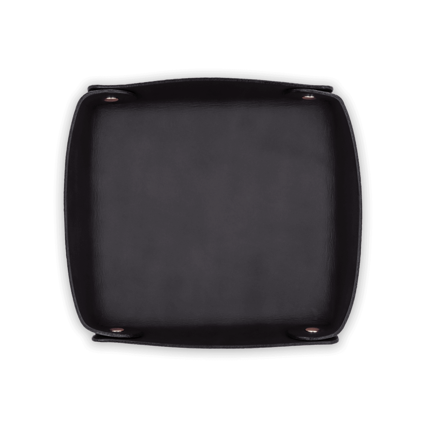 Black leather valet tray top down view with brass hardware.