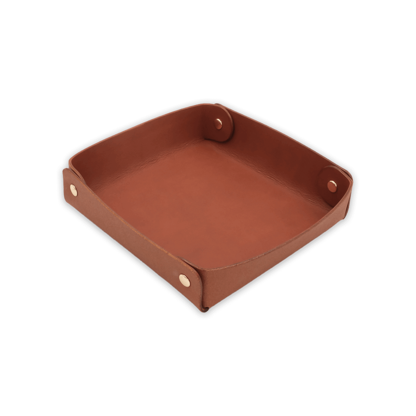 Brown leather valet tray 3/4 angle view with brass hardware.