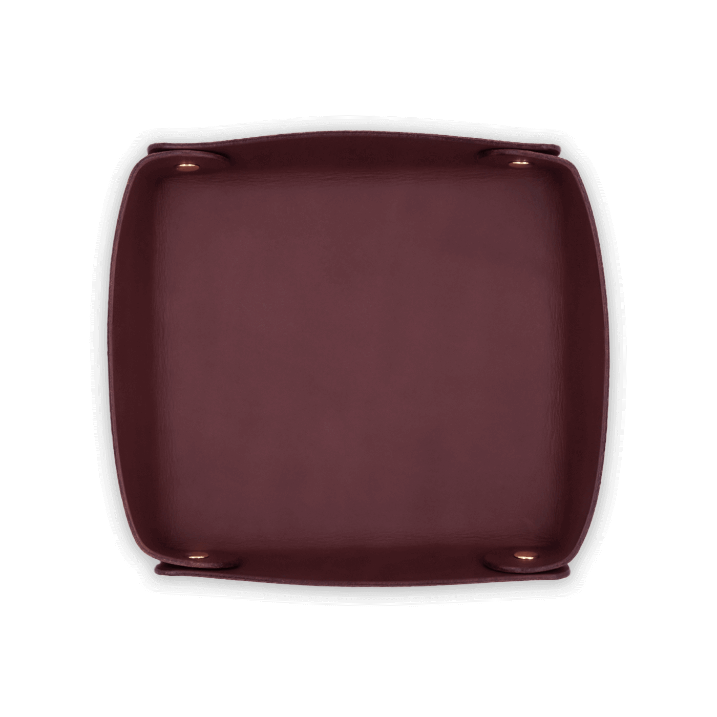 Burgundy leather valet tray top down view with brass hardware.