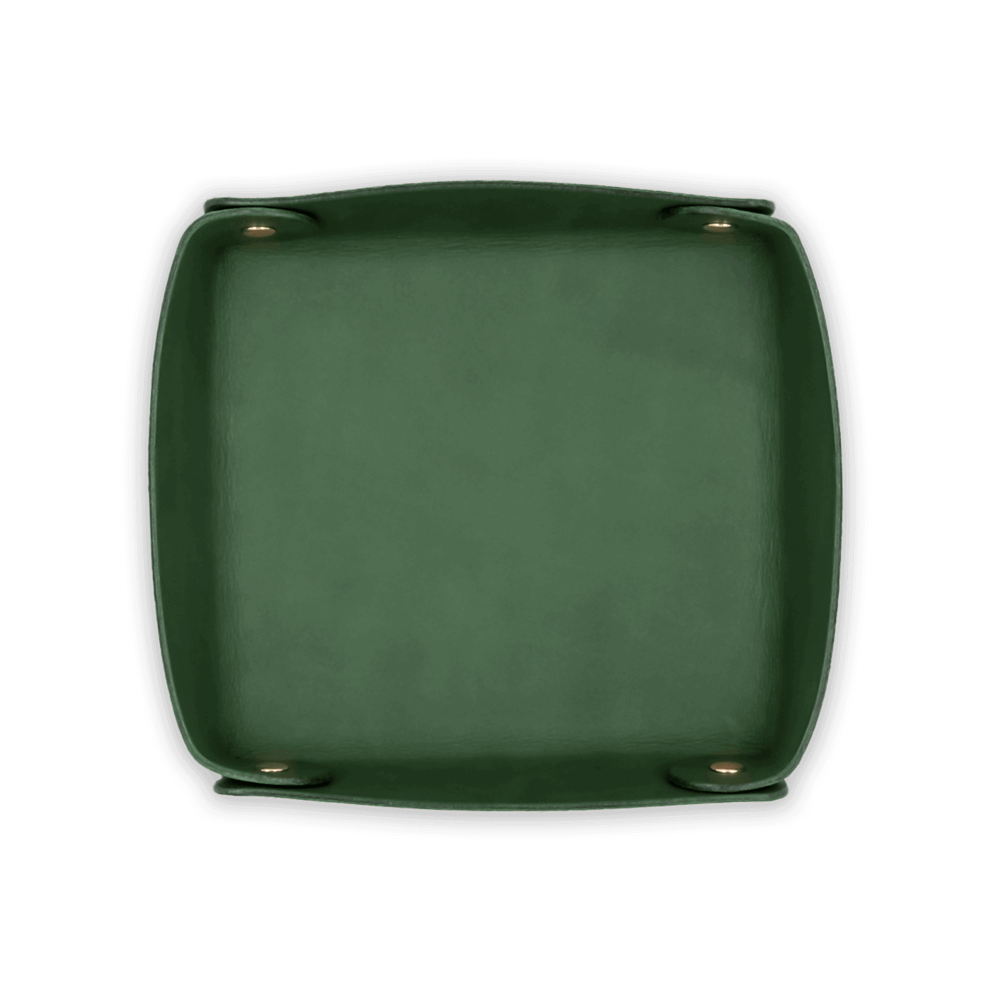 Green leather valet tray top down view with brass hardware.