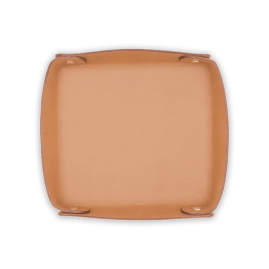 Natural leather valet tray top down view with brass hardware.