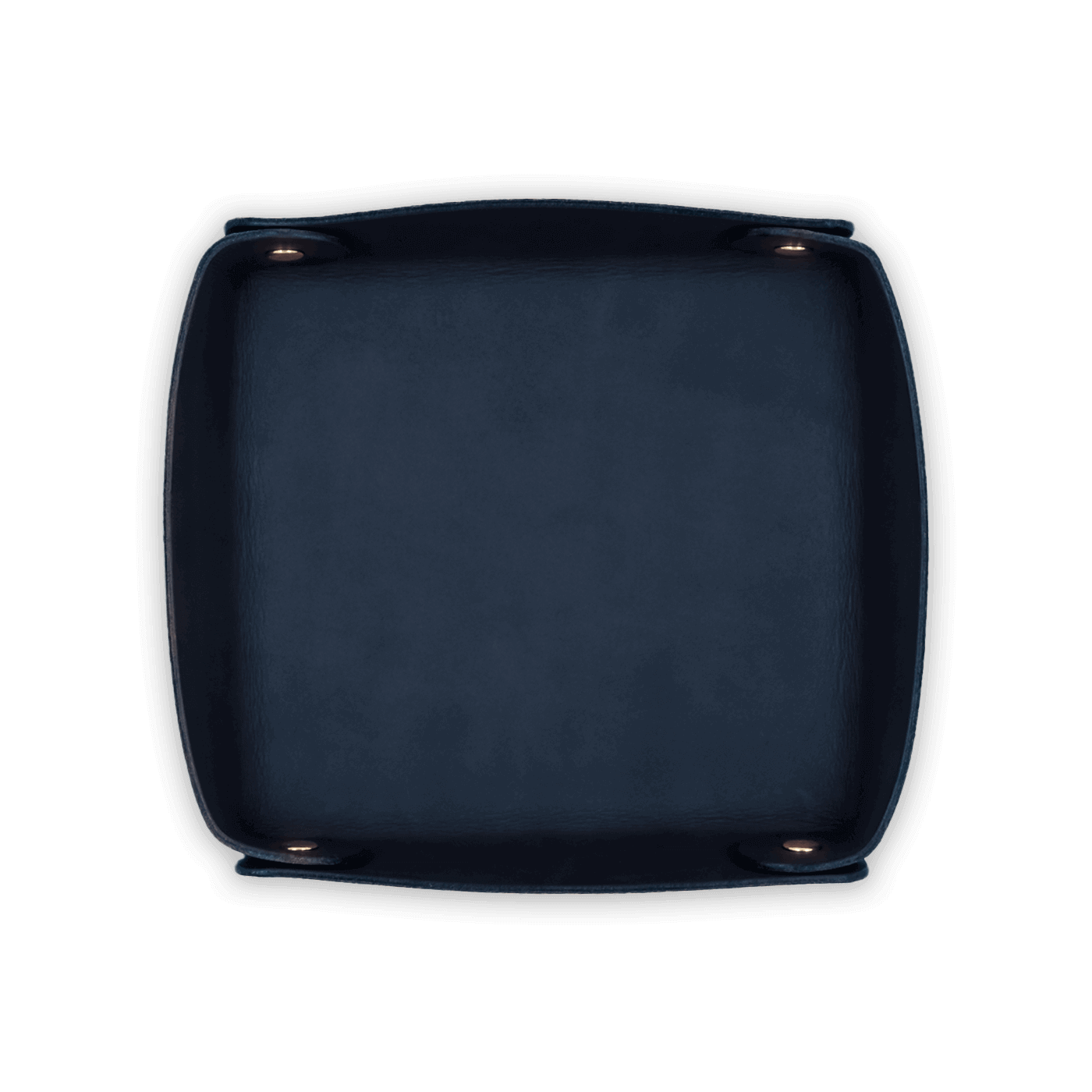 Navy leather valet tray top down view with brass hardware.