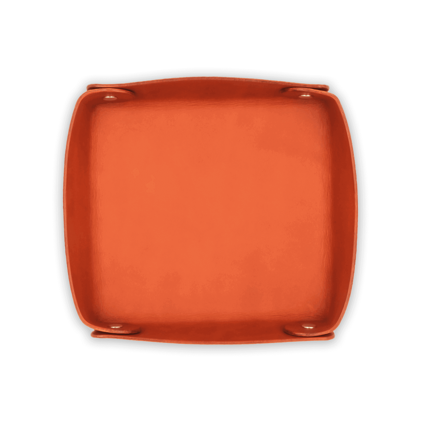 Orange leather valet tray top down view with brass hardware.