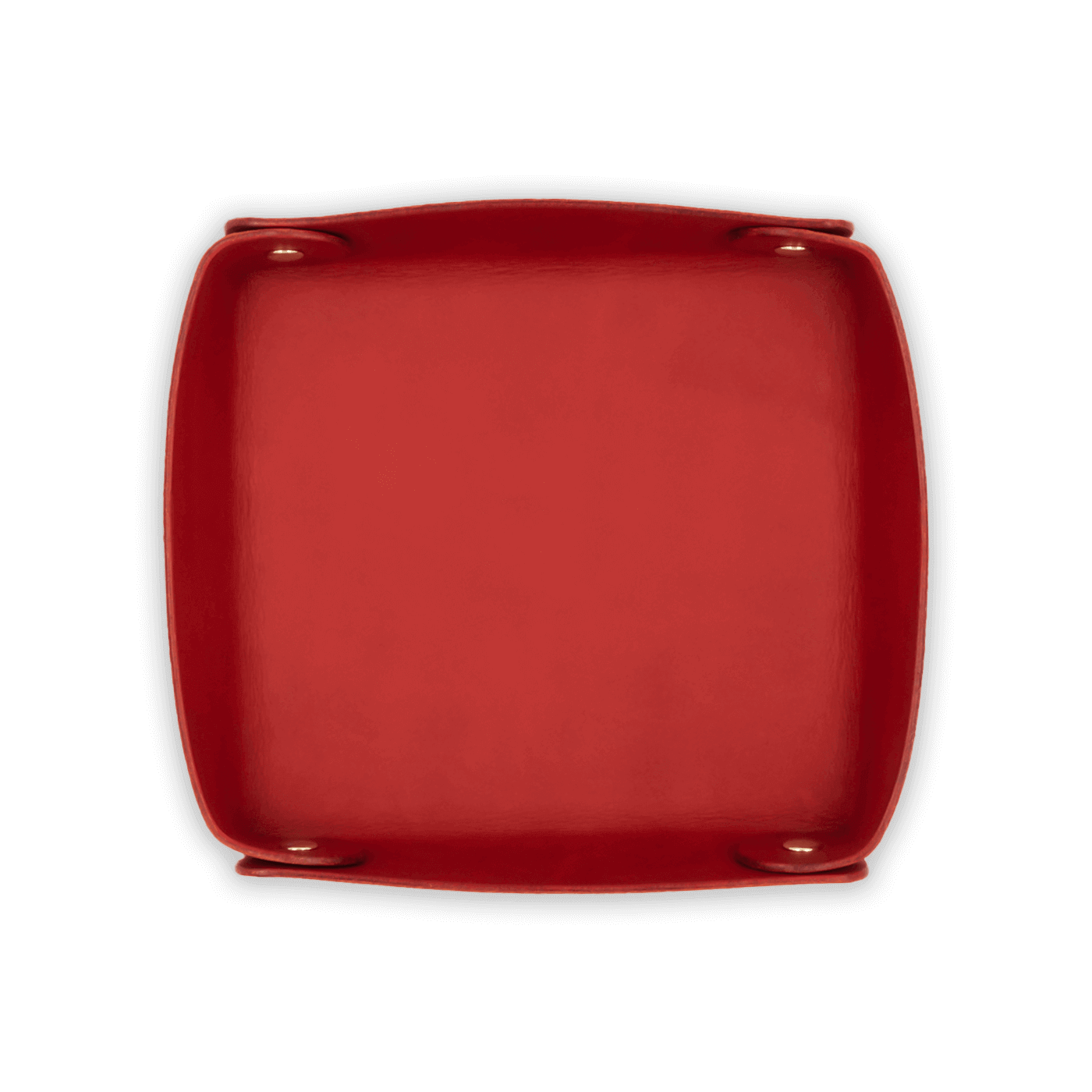 Red leather valet tray top down view with brass hardware.