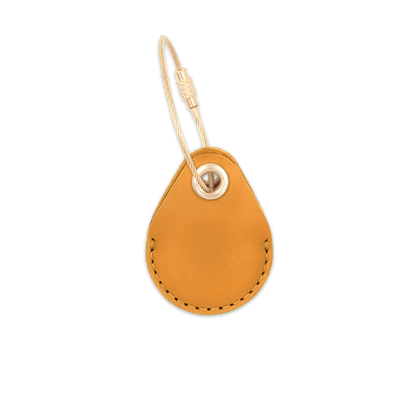 Gold leather AirTag case with brass hardware and luggage loop