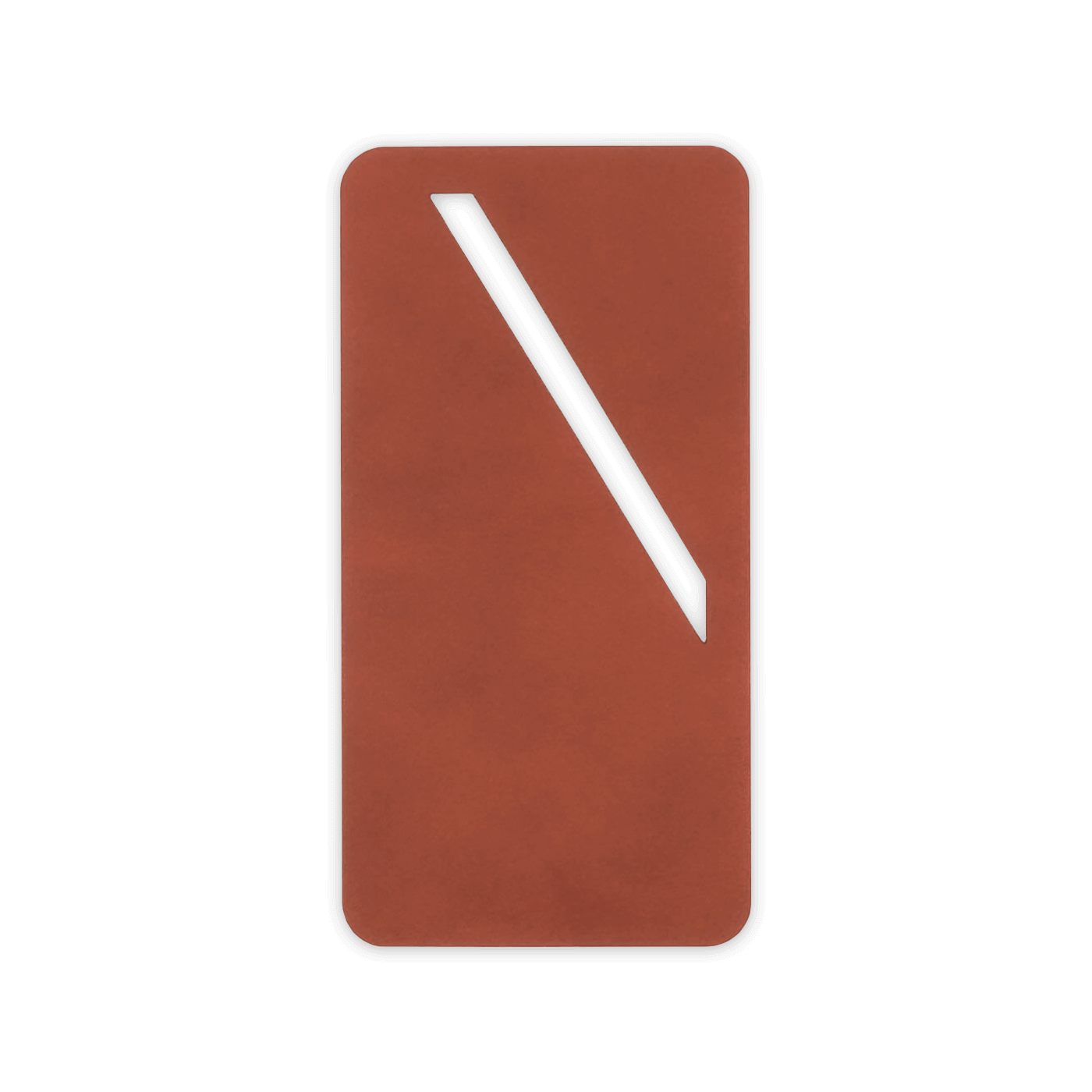 Brown leather rectangular bookmark with diagonal paper slit.