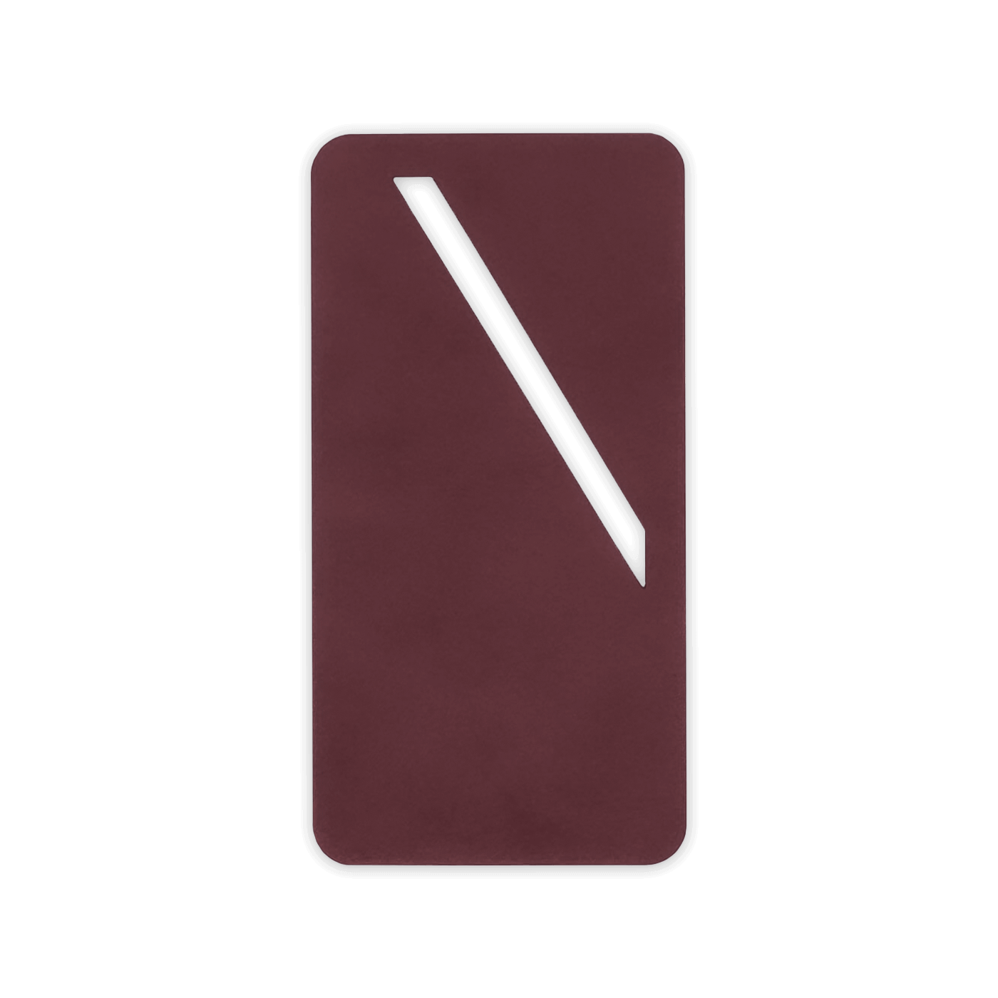 Burgundy leather rectangular bookmark with diagonal paper slit.