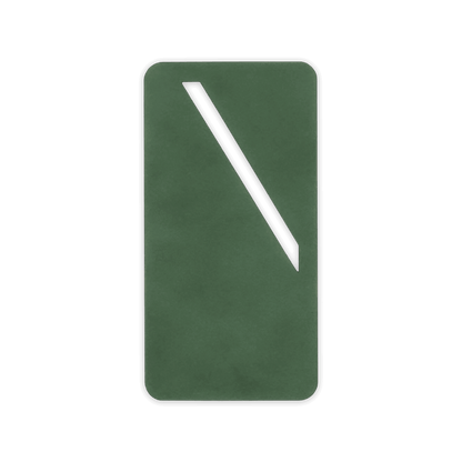 Green leather rectangular bookmark with diagonal paper slit.