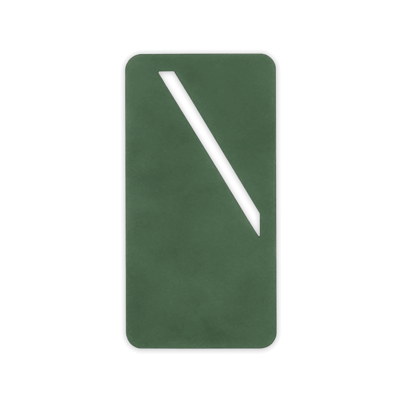 Green leather rectangular bookmark with diagonal paper slit.