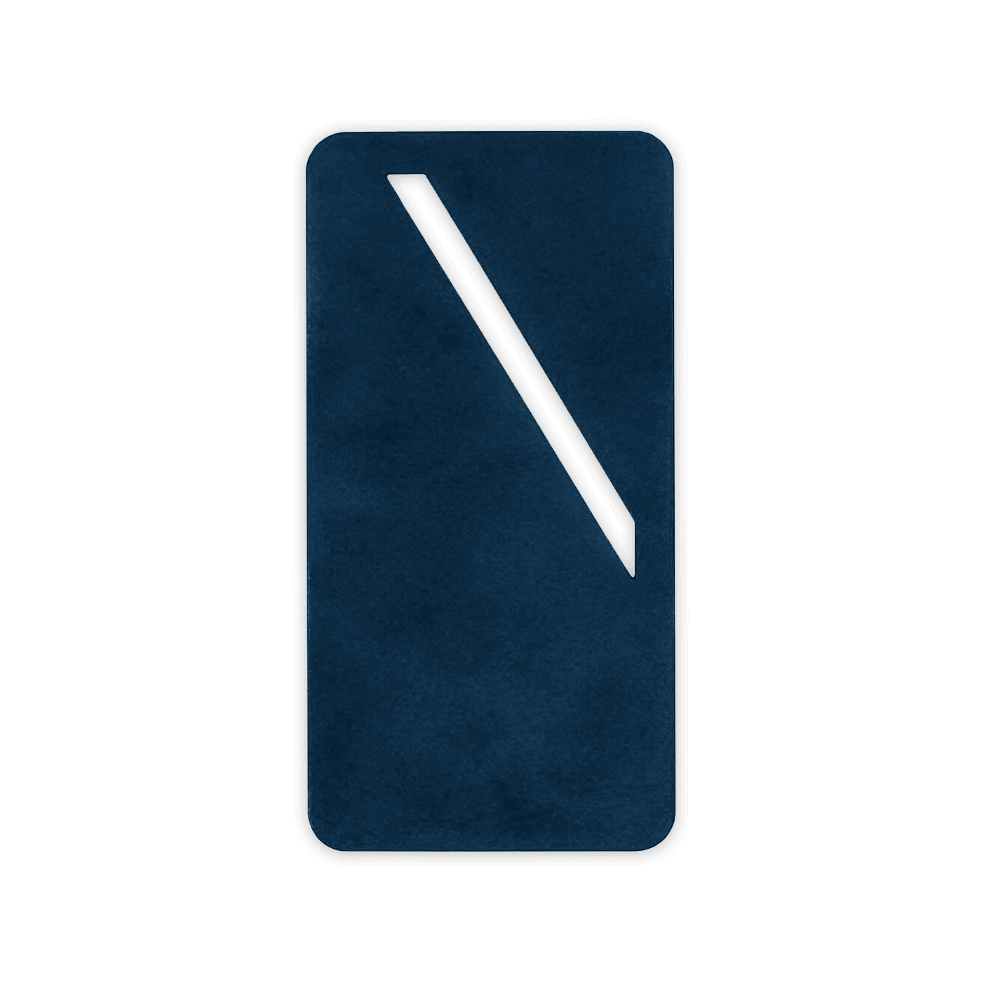 Navy leather rectangular bookmark with diagonal paper slit.