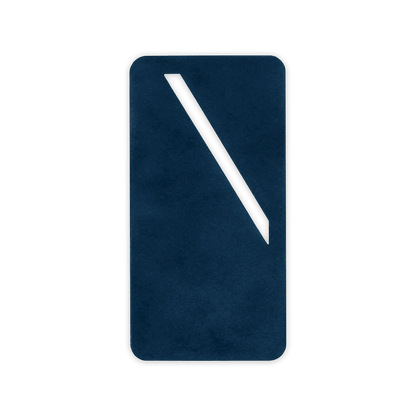 Navy leather rectangular bookmark with diagonal paper slit.