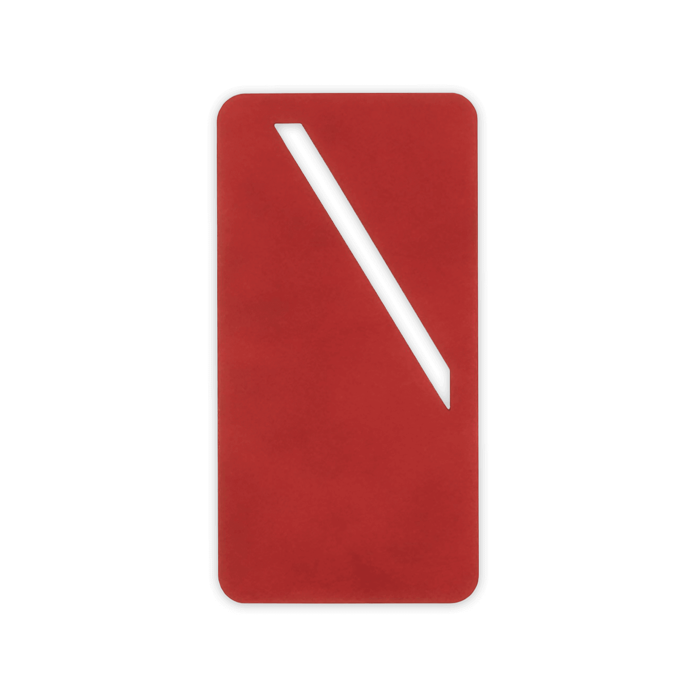 Red leather rectangular bookmark with diagonal paper slit.