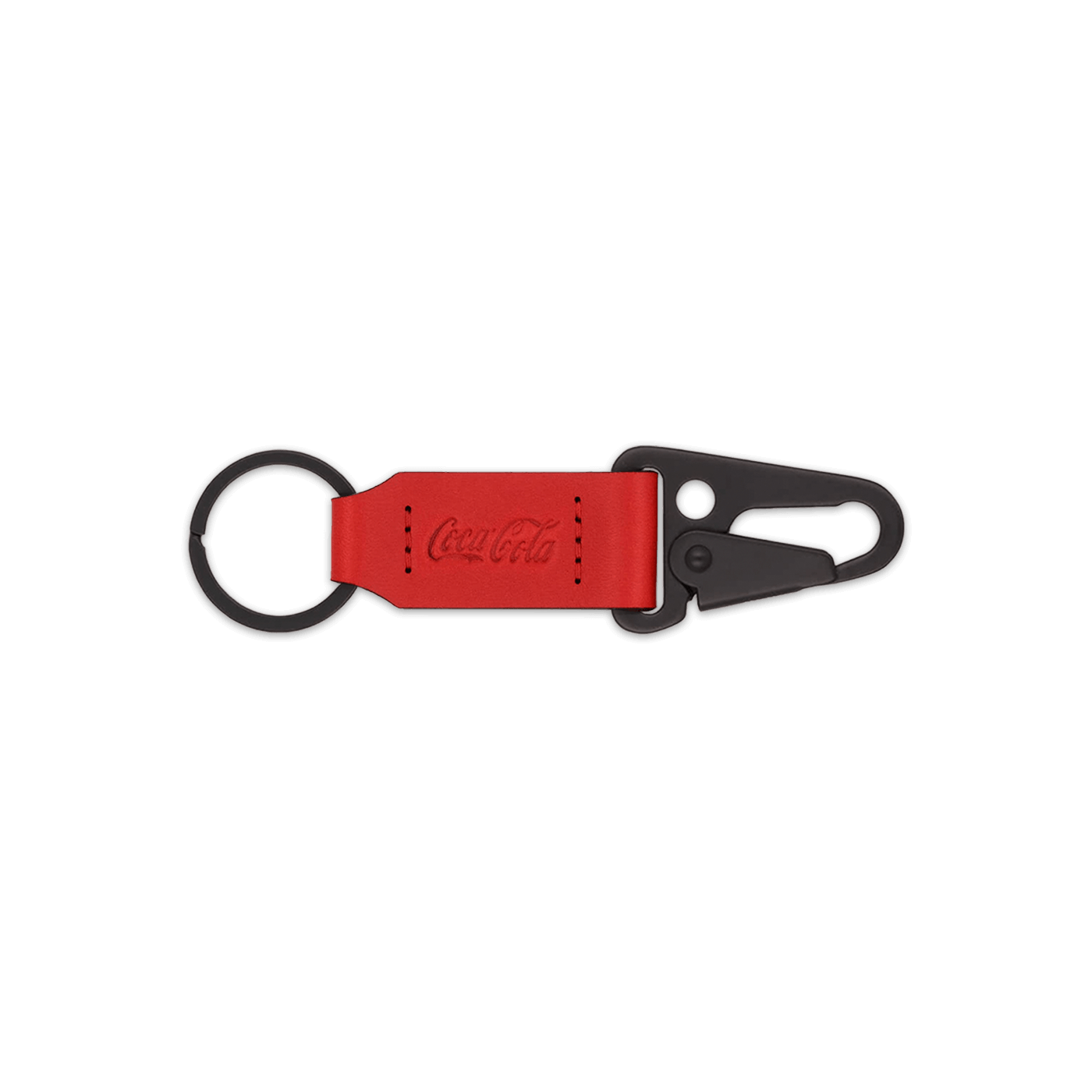 Red leather keychain with black hardware and Coca Cola logo