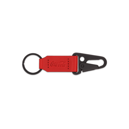 Red leather keychain with black hardware and Coca Cola logo