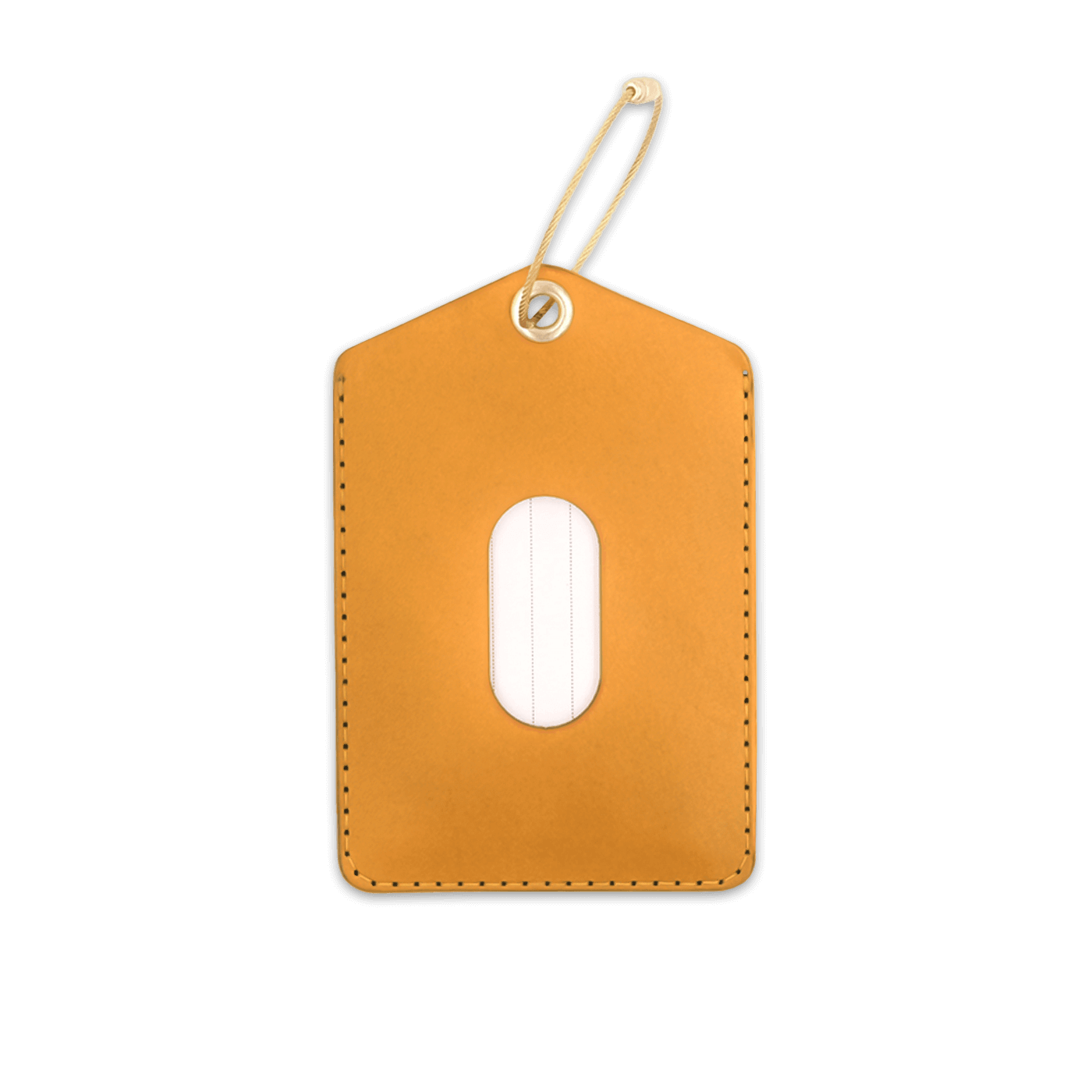Gold leather luggage tag with brass hardware and card window
