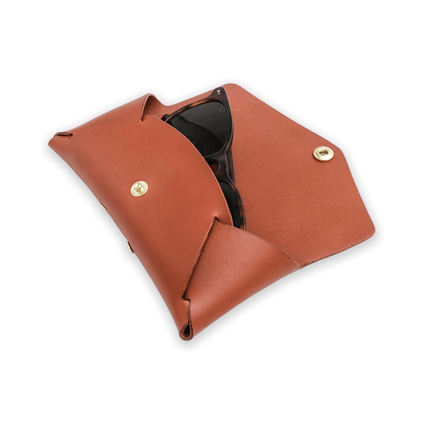 Brown leather glasses case open with sunglasses