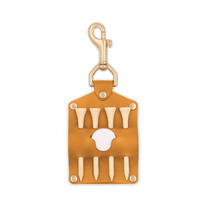 Gold leather keychain golf tee holder with brass hardware 