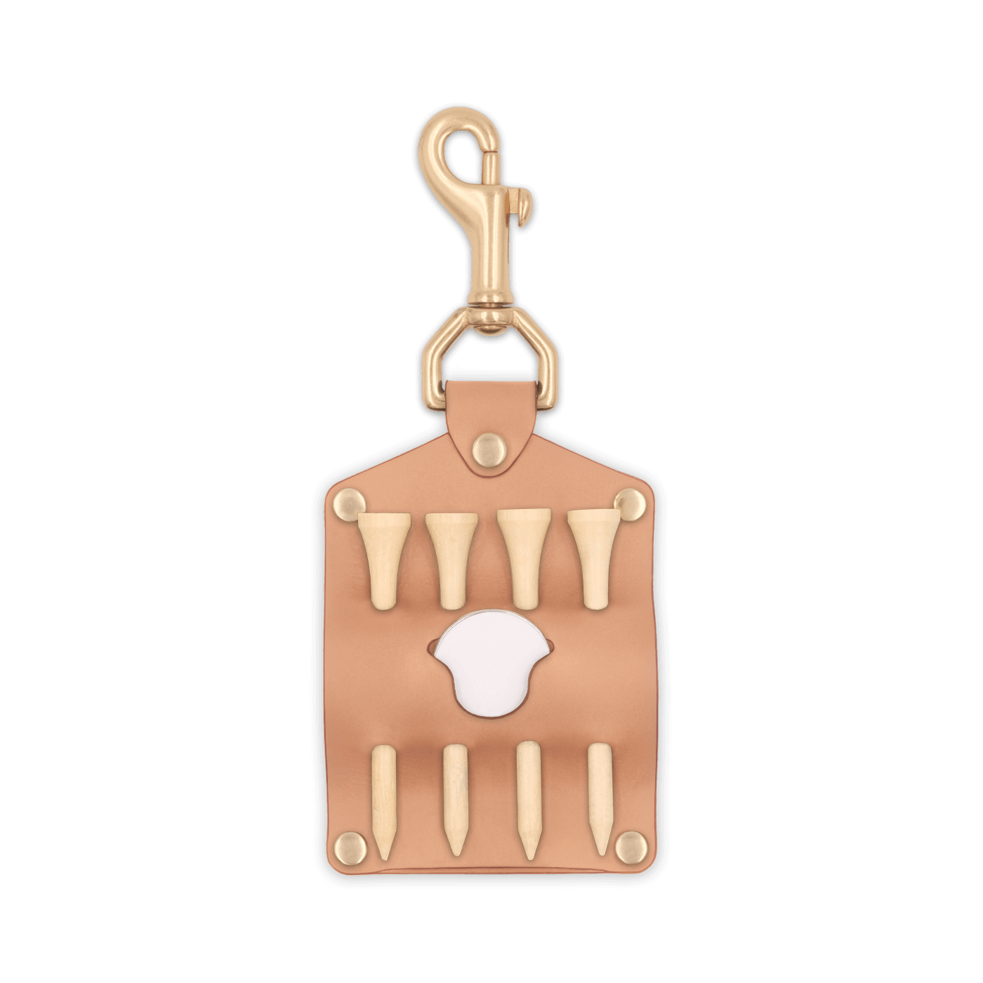 Natural leather Golf Tee Holder with 4 wood tees, ball marker, and brass hardware.