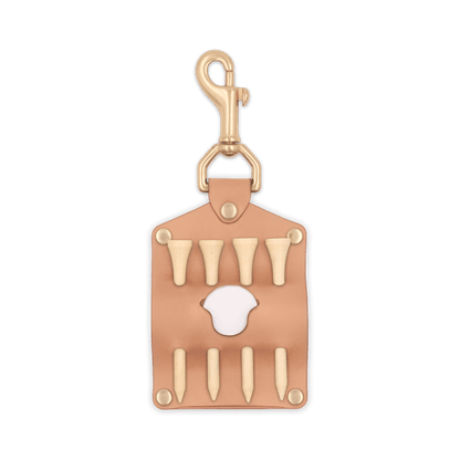 Natural leather Golf Tee Holder with 4 wood tees, ball marker, and brass hardware.