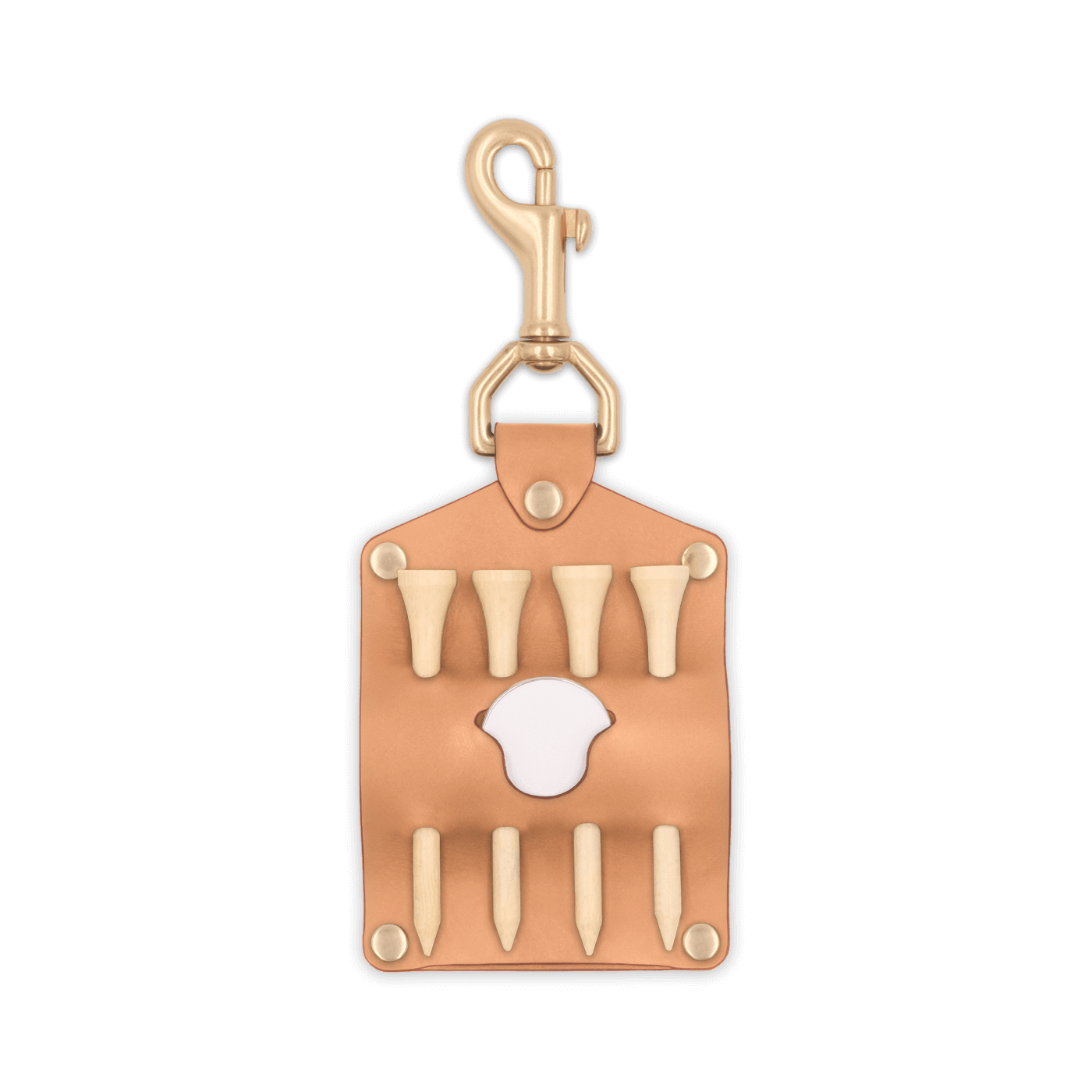 Tan leather Golf Tee Holder with 4 wood tees, ball marker, and brass hardware.
