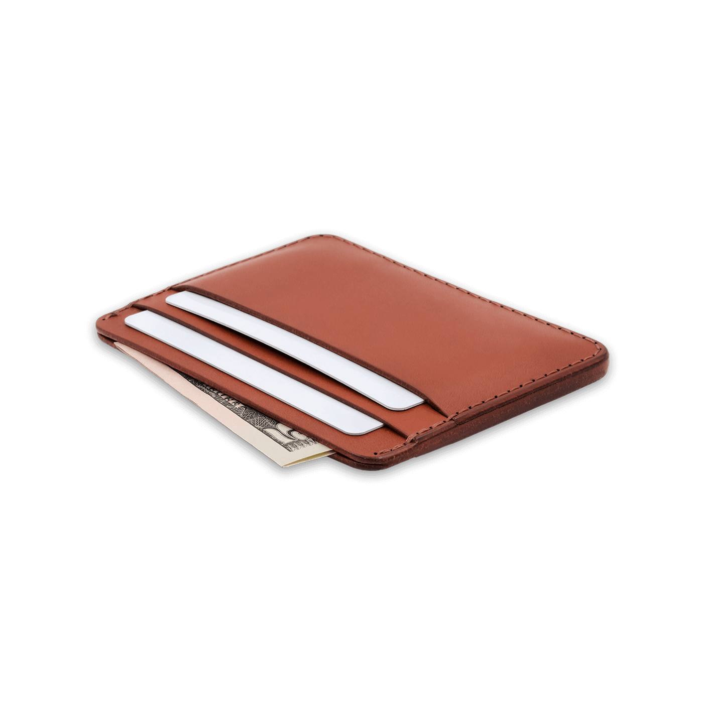 Brown leather half wallet 3/4 angle view with white cards and a $5 bill.