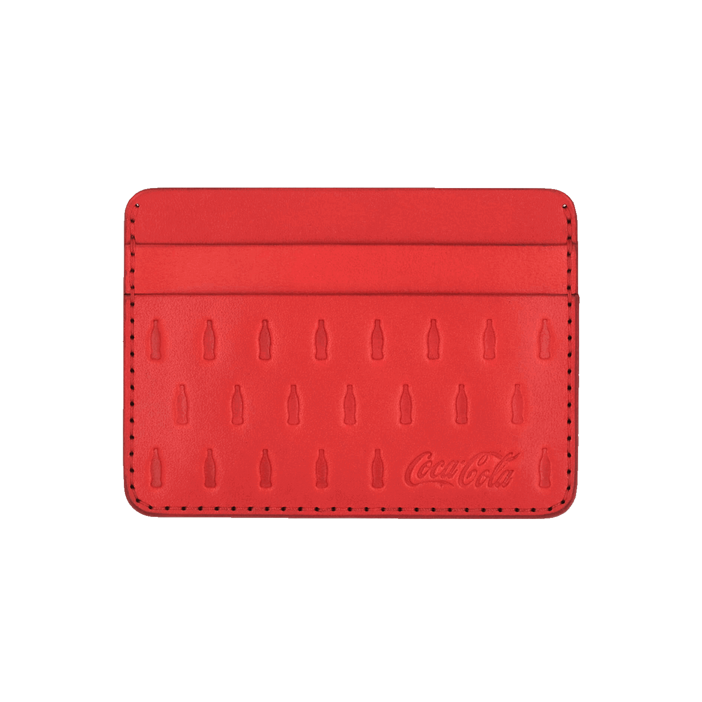 Red leather half wallet front view with Coca Cola logo.