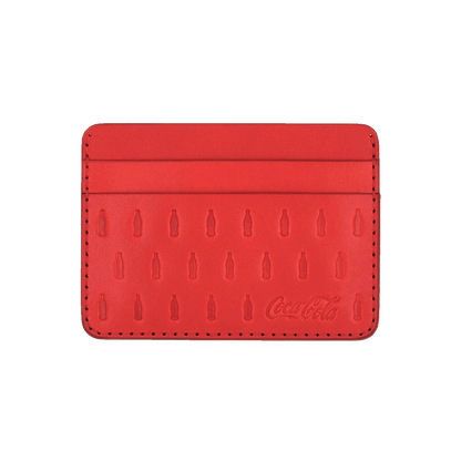 Red leather half wallet front view with Coca Cola logo.