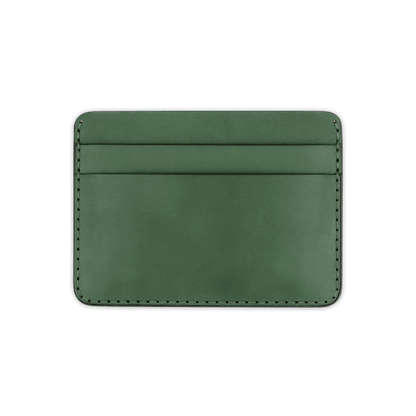 Green leather half wallet front view.