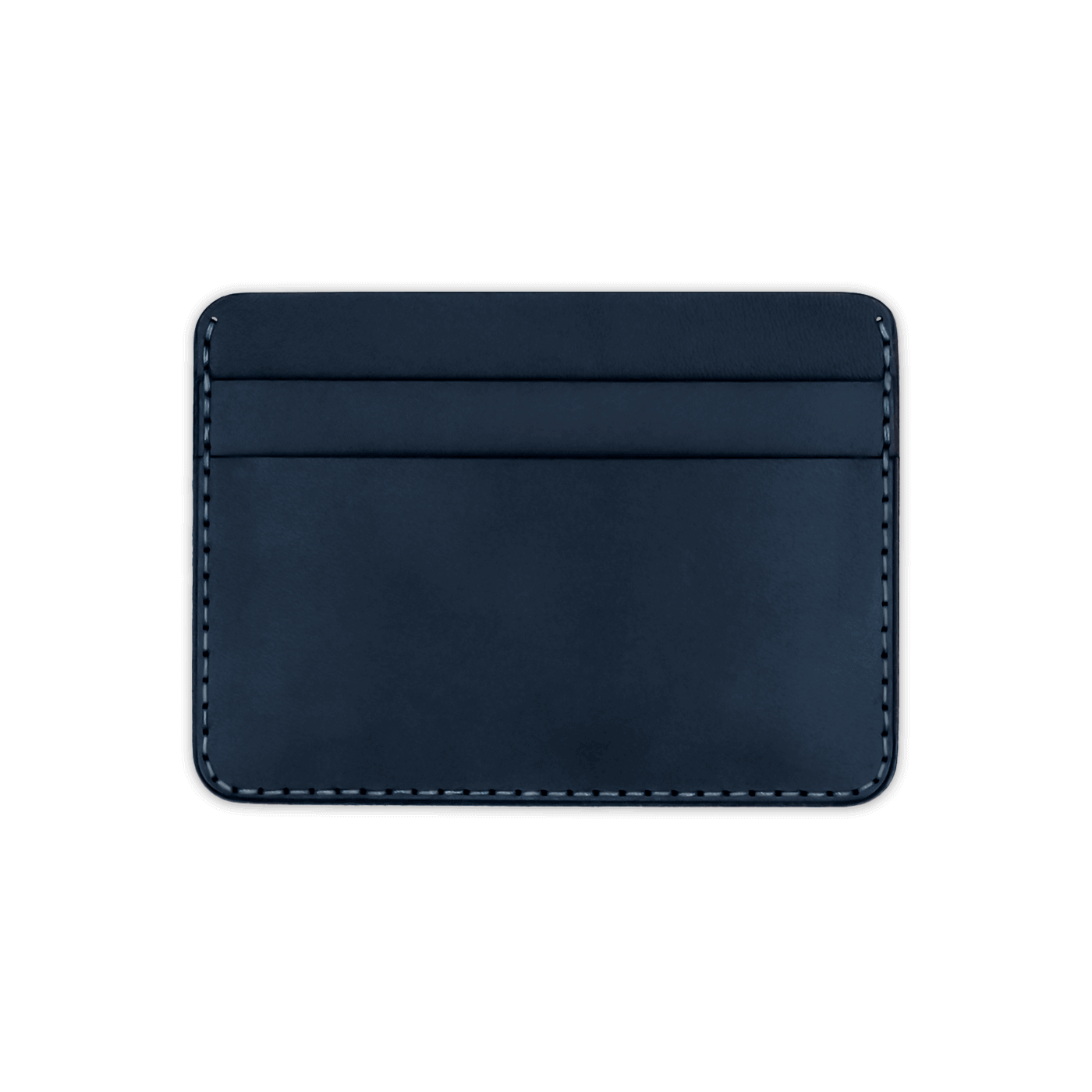 Navy leather half wallet front view.