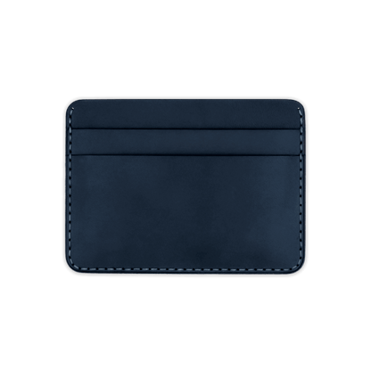 Navy leather half wallet front view.